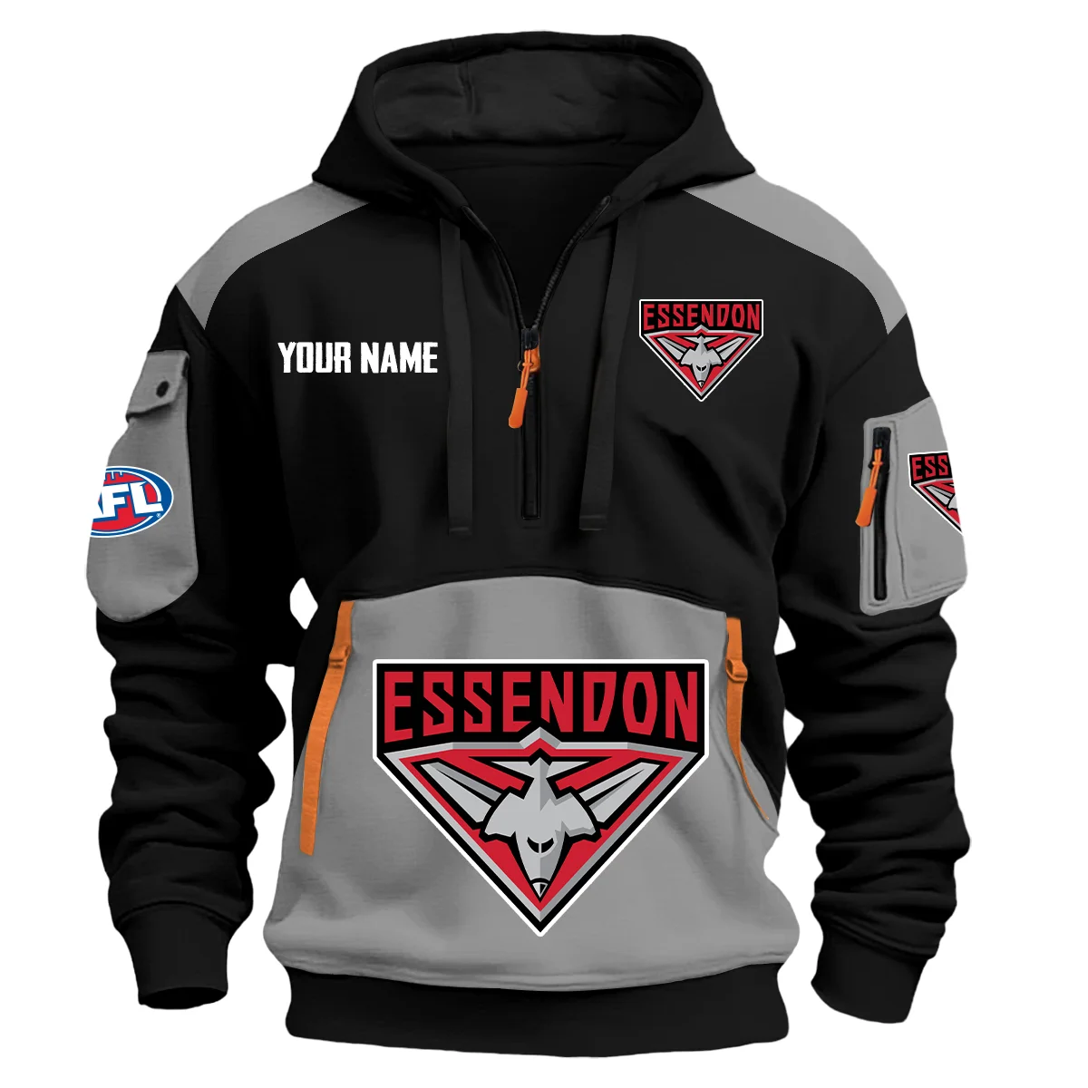Essendon Bombers Afl Exclusive Logo Hoodie Half Zipper Gray
