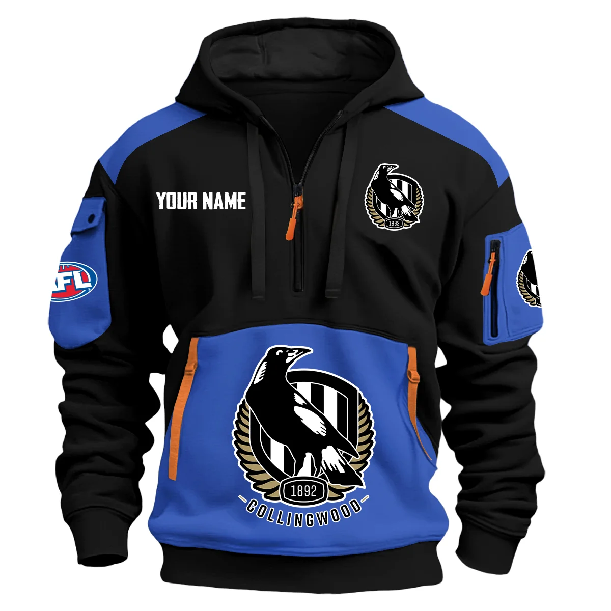 Collingwood Magpies Afl Exclusive Logo Hoodie Half Zipper Blue