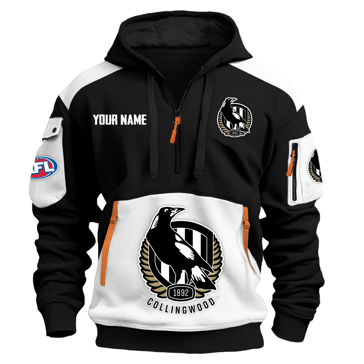 Collingwood Magpies Afl Exclusive Logo Hoodie Half Zipper White