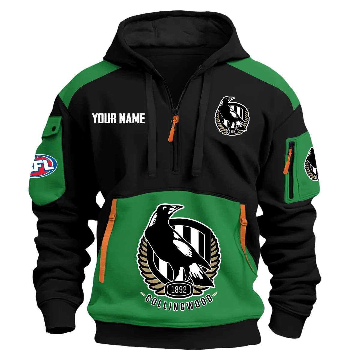 Collingwood Magpies Afl Exclusive Logo Hoodie Half Zipper Green