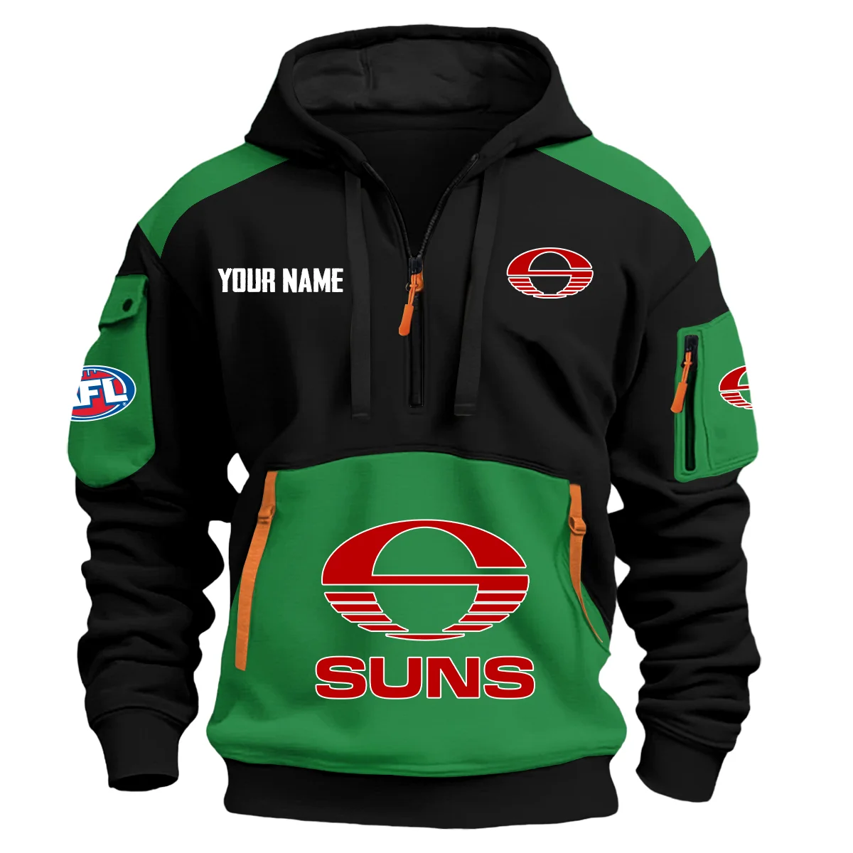 Gold Coast Suns Afl Exclusive Logo Hoodie Half Zipper Green