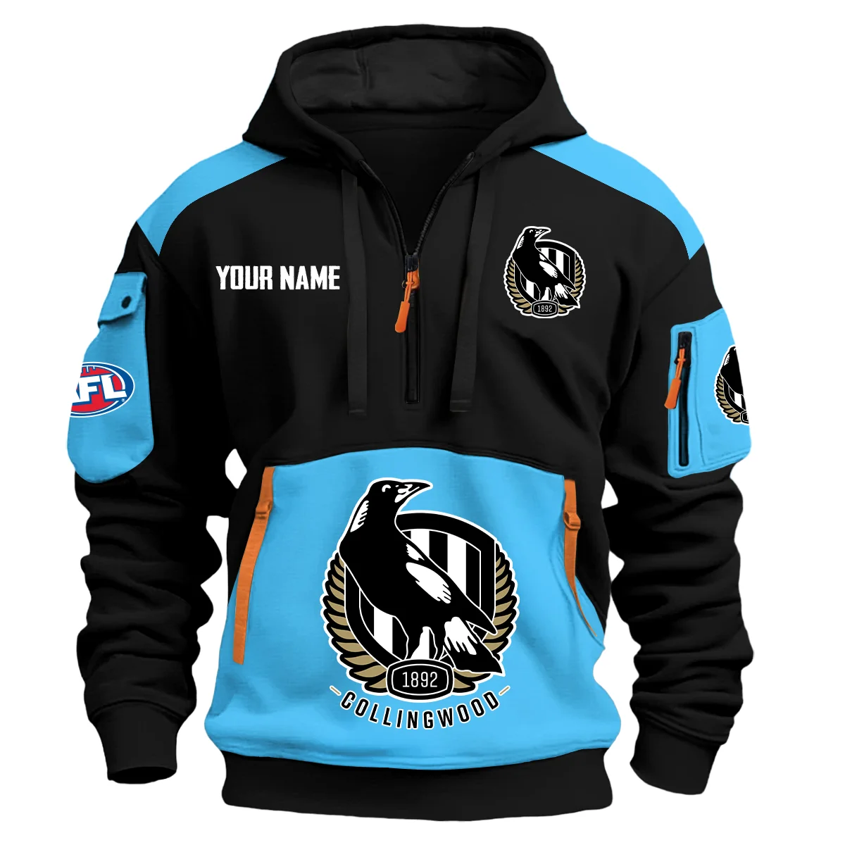 Collingwood Magpies Afl Exclusive Logo Hoodie Half Zipper Light Blue