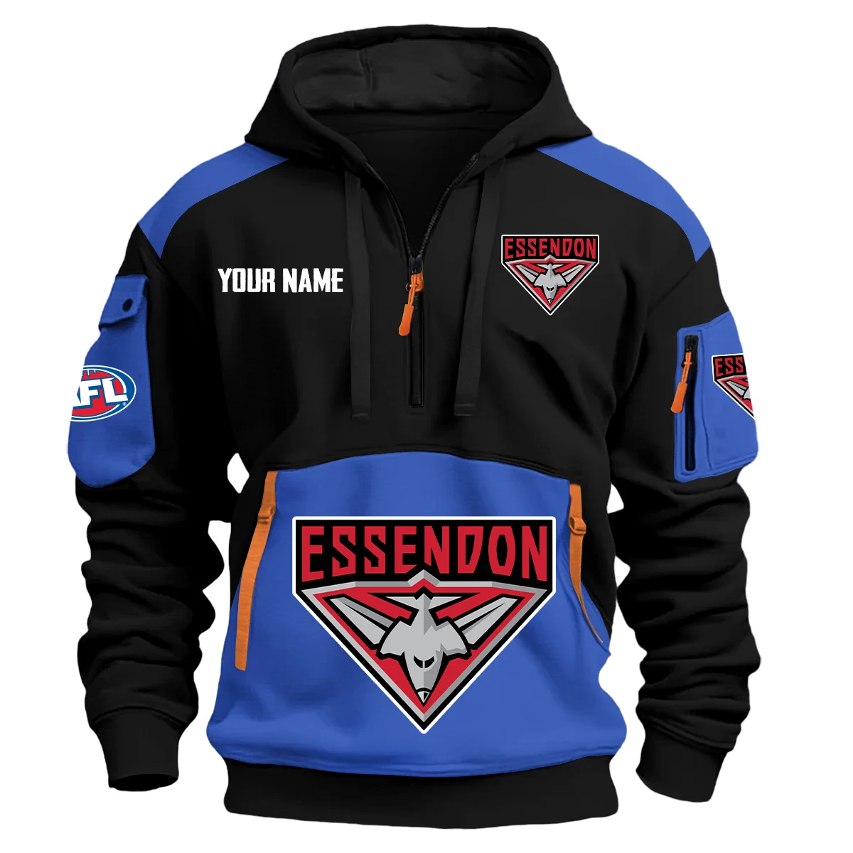 Essendon Bombers Afl Exclusive Logo Hoodie Half Zipper Blue