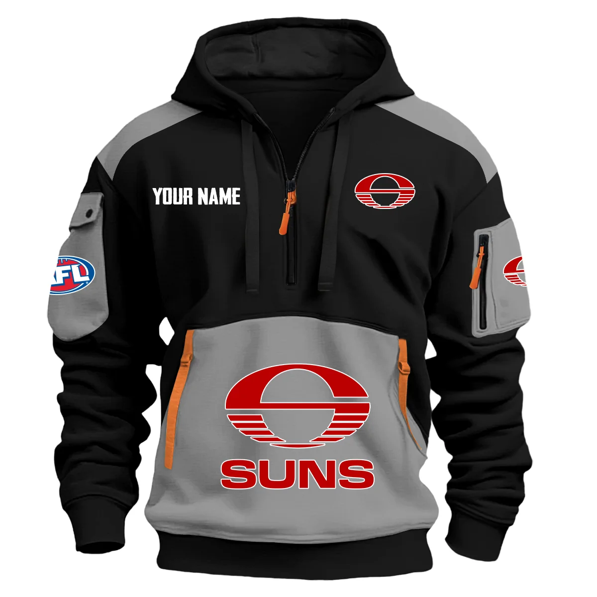 Gold Coast Suns Afl Exclusive Logo Hoodie Half Zipper Gray