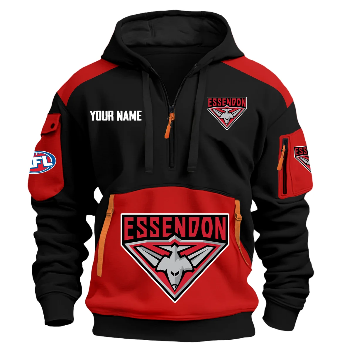Essendon Bombers Afl Exclusive Logo Hoodie Half Zipper Red