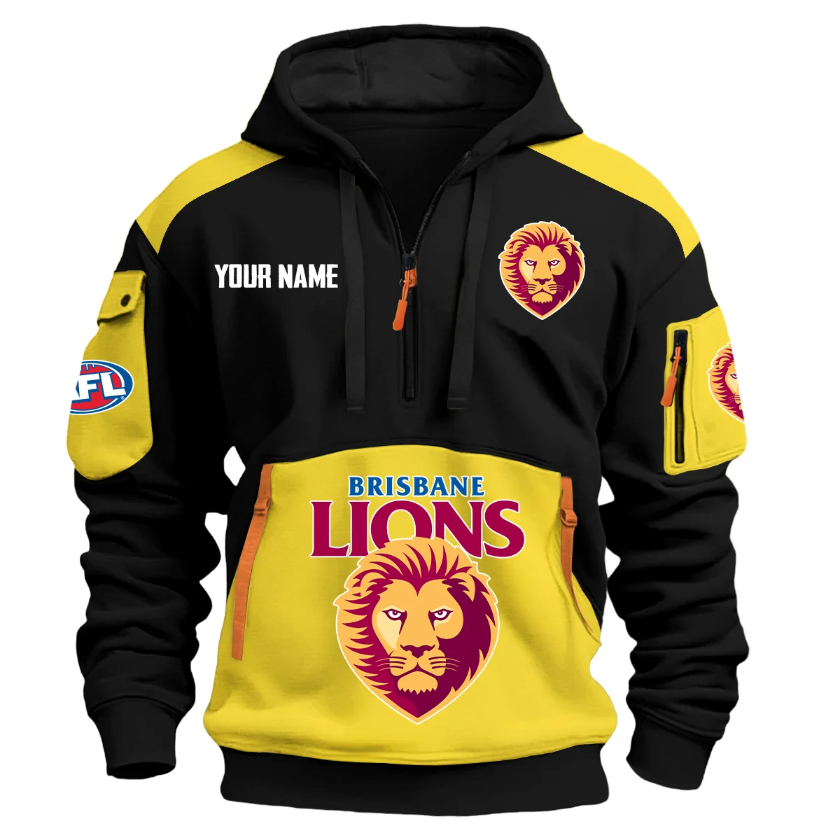 Brisbane Lions Afl Exclusive Logo Hoodie Half Zipper Yellow