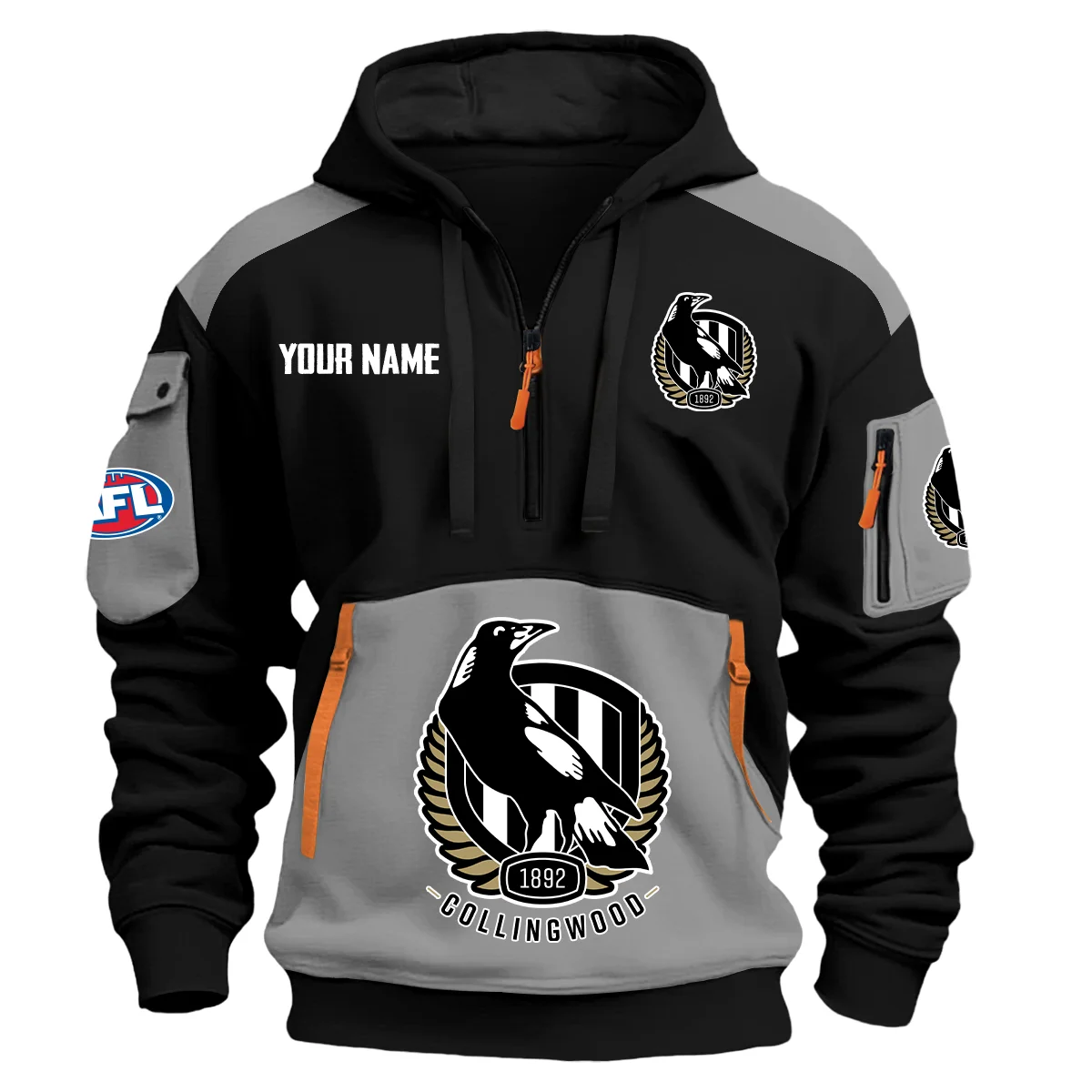 Collingwood Magpies Afl Exclusive Logo Hoodie Half Zipper Gray