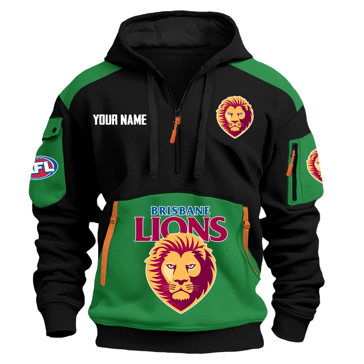 Brisbane Lions Afl Exclusive Logo Hoodie Half Zipper Green