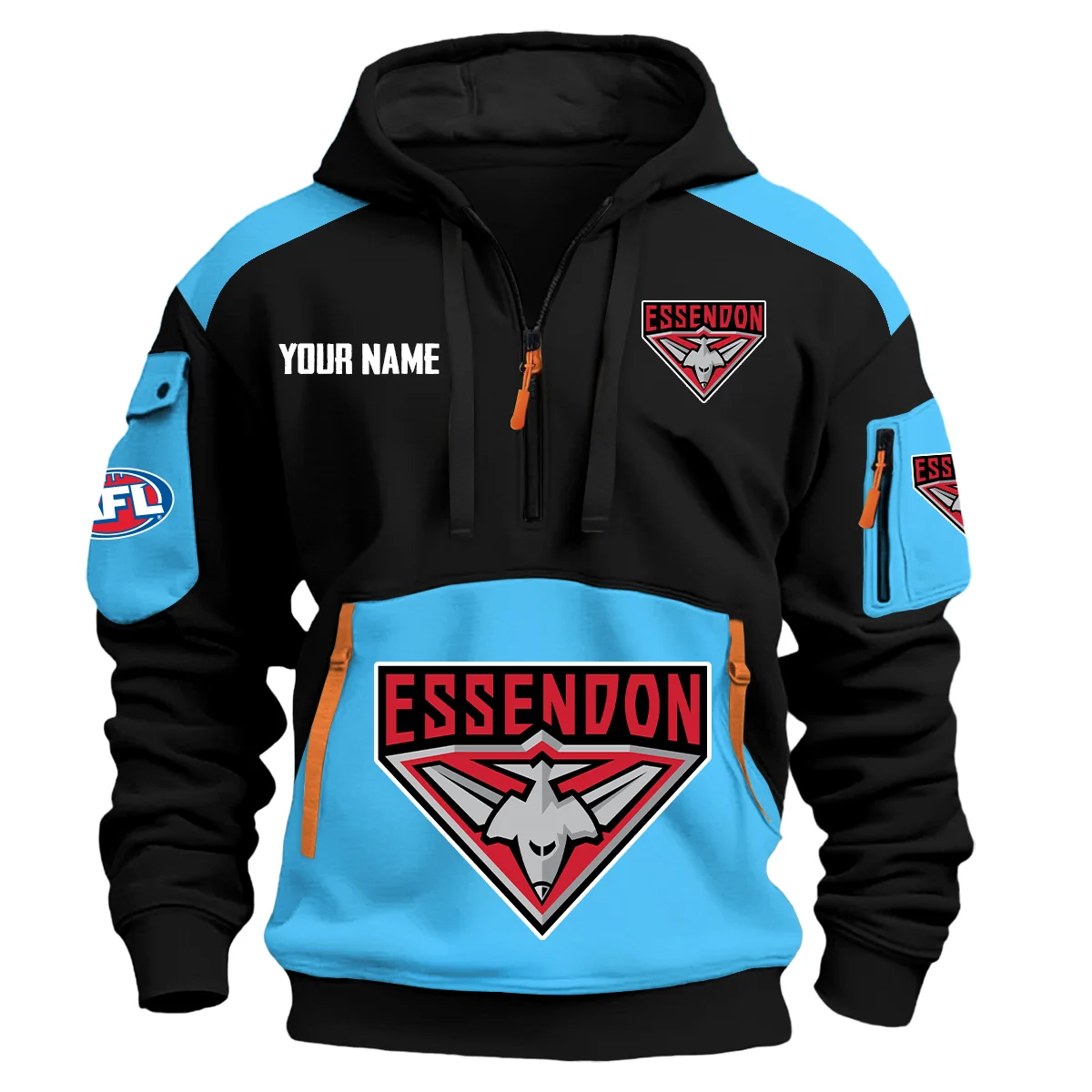 Essendon Bombers Afl Exclusive Logo Hoodie Half Zipper Light Blue