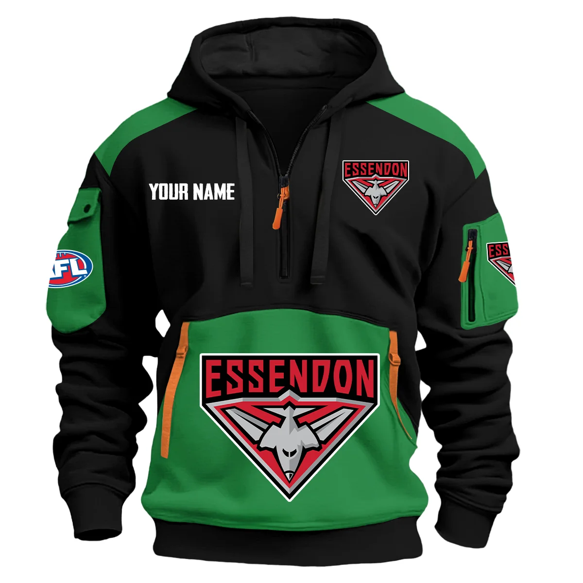 Essendon Bombers Afl Exclusive Logo Hoodie Half Zipper Green