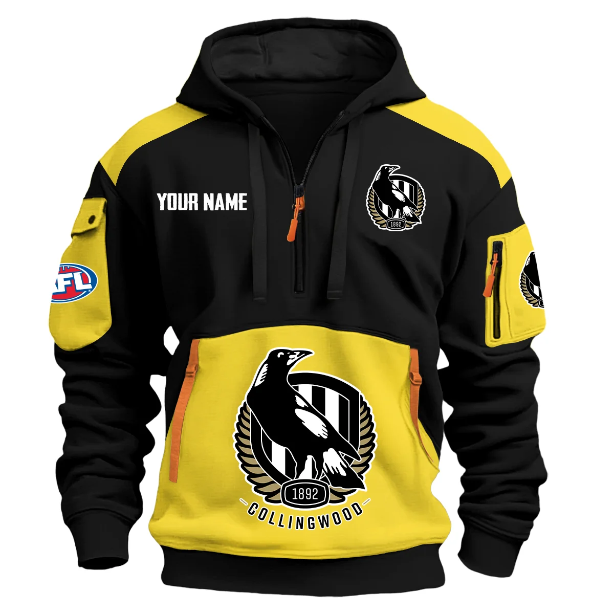 Collingwood Magpies Afl Exclusive Logo Hoodie Half Zipper Yellow