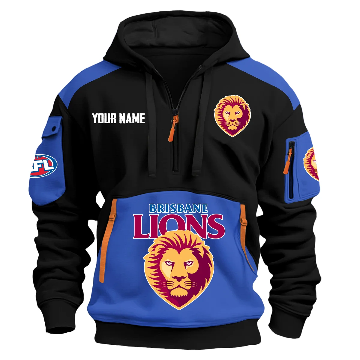 Brisbane Lions Afl Exclusive Logo Hoodie Half Zipper Blue