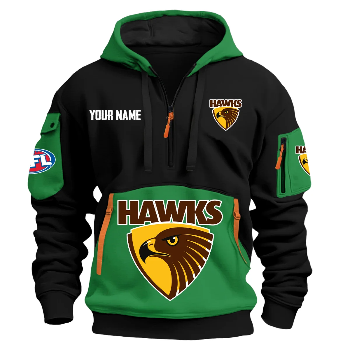 Hawthorn Hawks Australian Football League Logo Hoodie Half Zipper Green