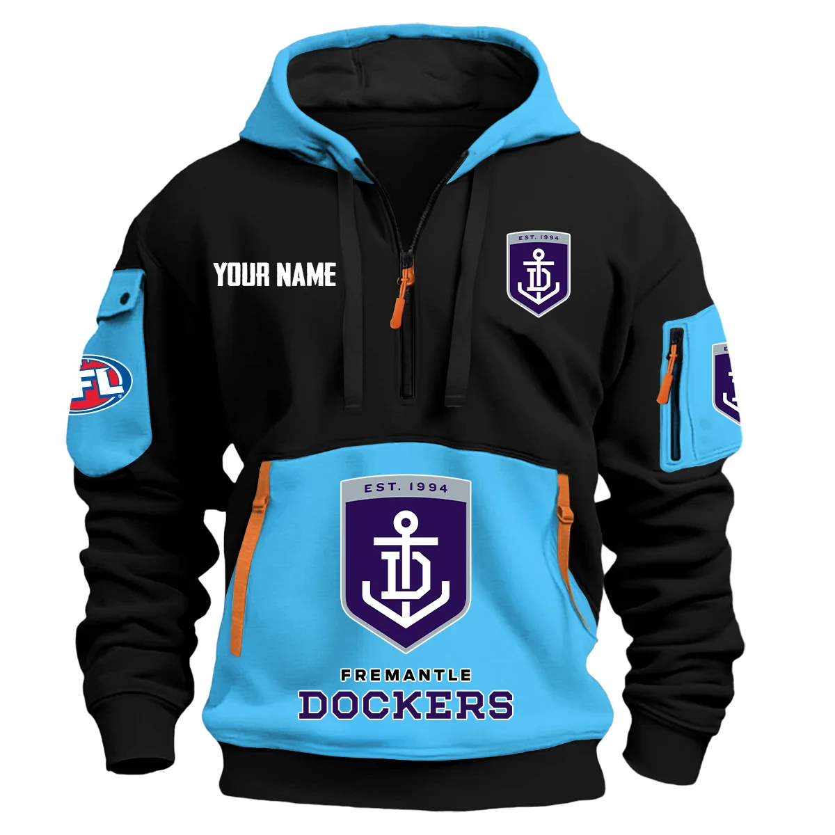 Fremantle Dockers Australian Football League Exclusive Logo Hoodie Half Zipper Light Blue