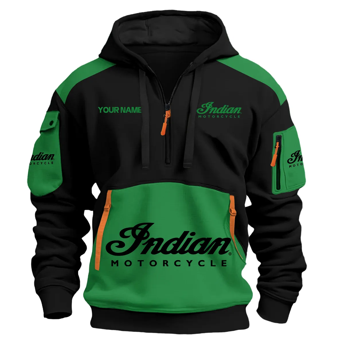 Indian Motorcycle Motorcycles Logo Hoodie Half Zipper Green