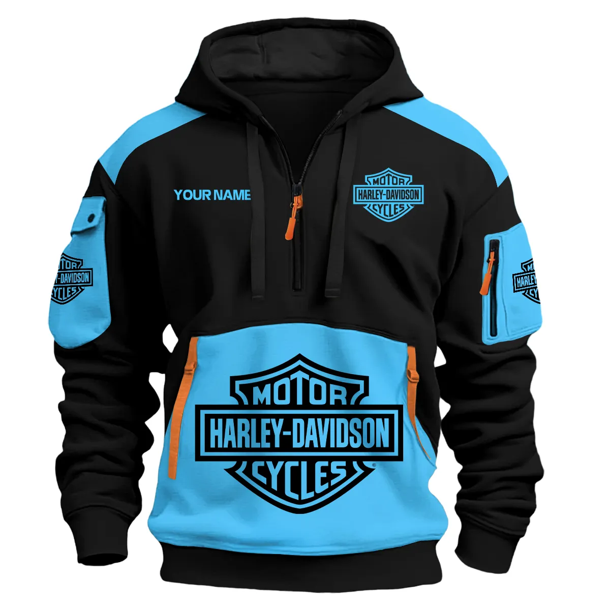 Harley-Davidson Motorcycles Exclusive Logo Hoodie Half Zipper Light Blue