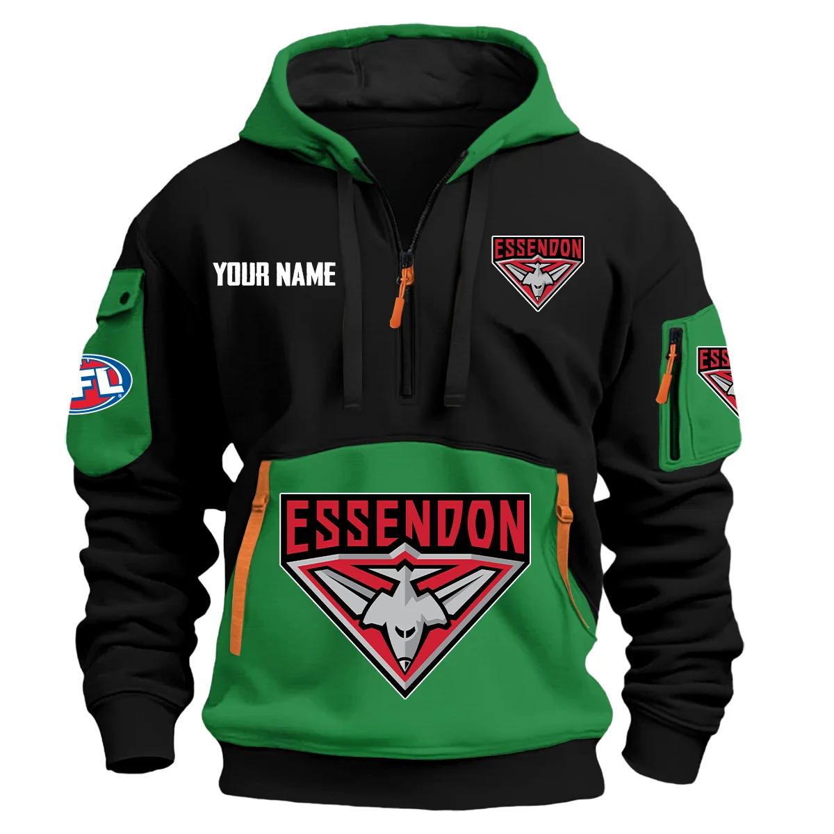 Essendon Bombers Australian Football League Logo Hoodie Half Zipper Green