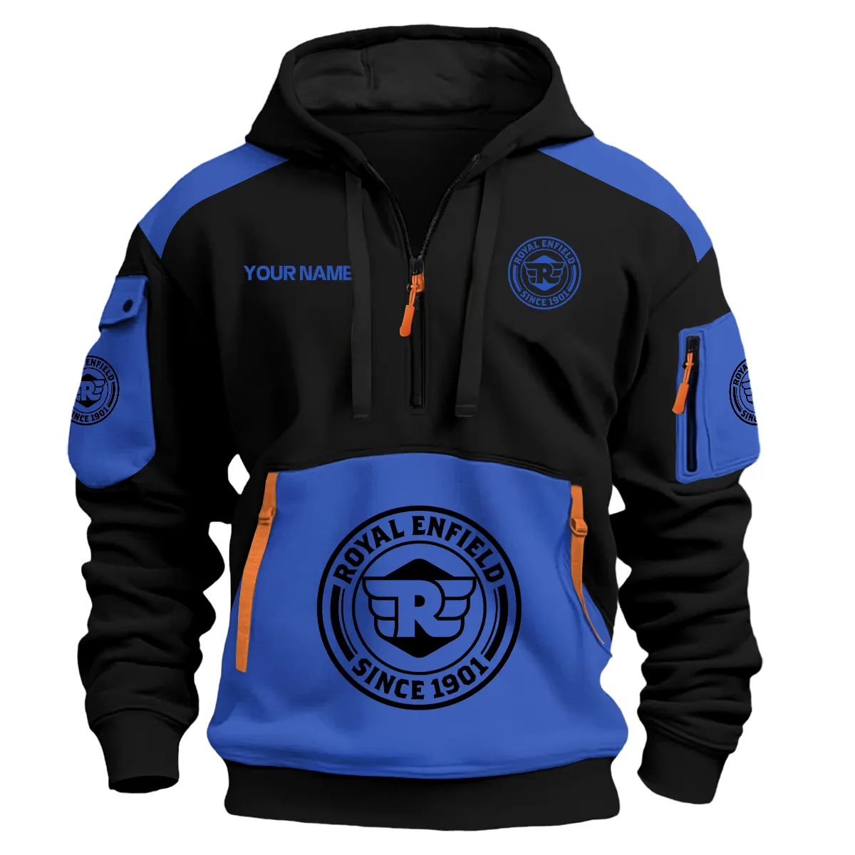 Royal Enfield Motorcycles Logo Hoodie Half Zipper Blue