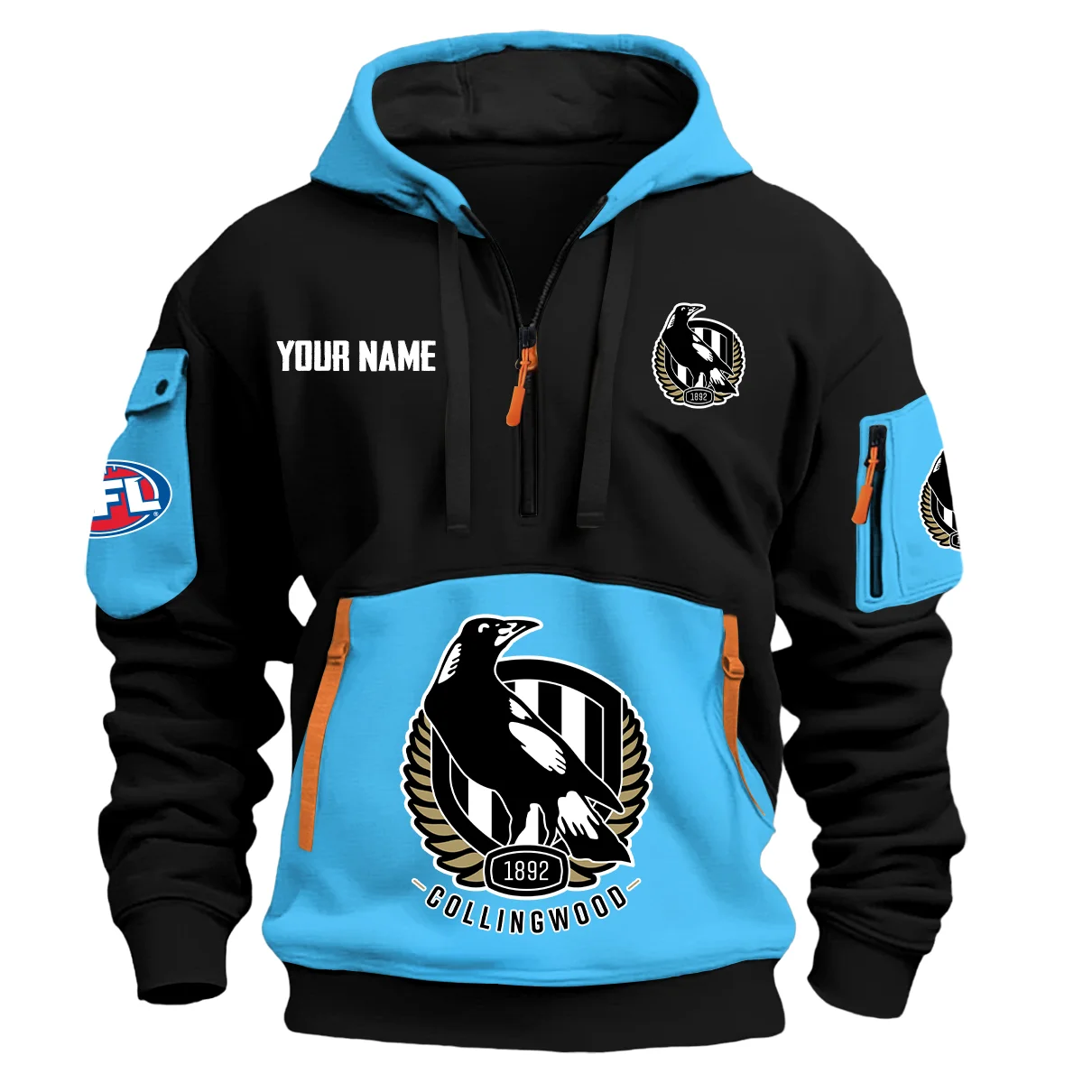 Collingwood Magpies Australian Football League Exclusive Logo Hoodie Half Zipper Light Blue
