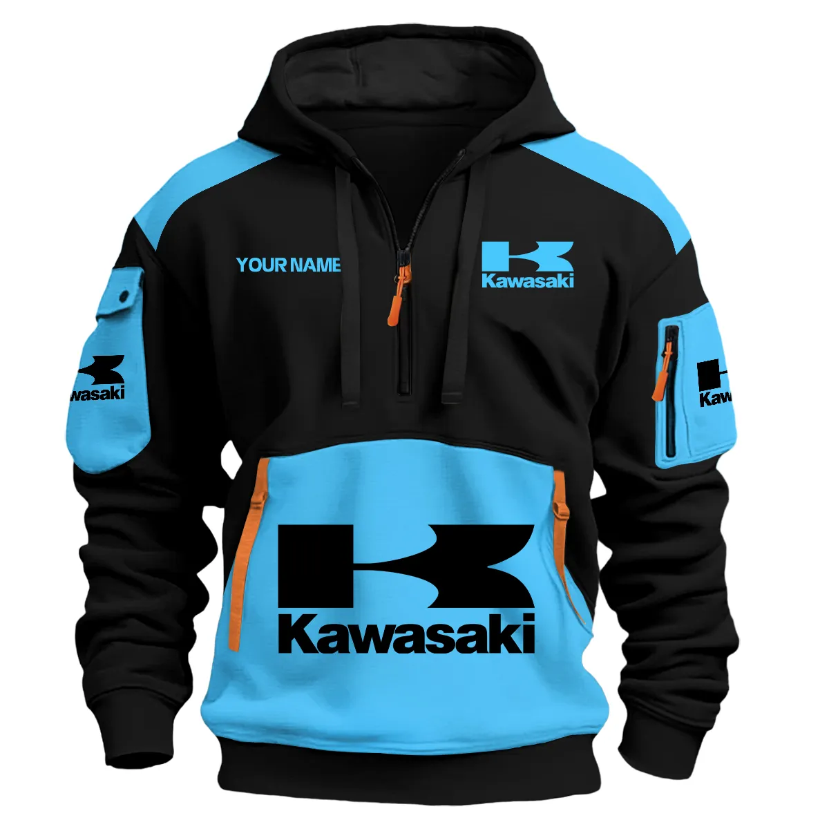 Kawasaki Motorcycles Exclusive Logo Hoodie Half Zipper Light Blue