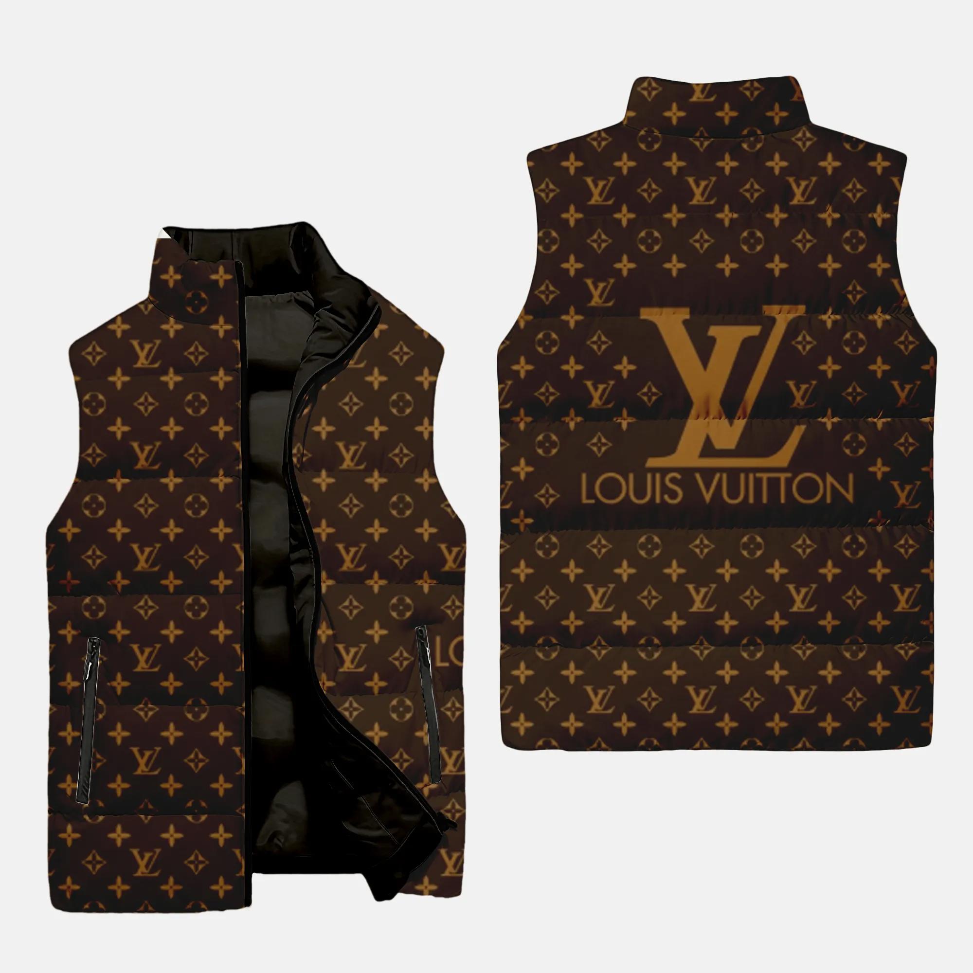 Louis Vuitton Logo Brown Luxury Brand 3D Sleeveless Puffer Jacket For Men Women