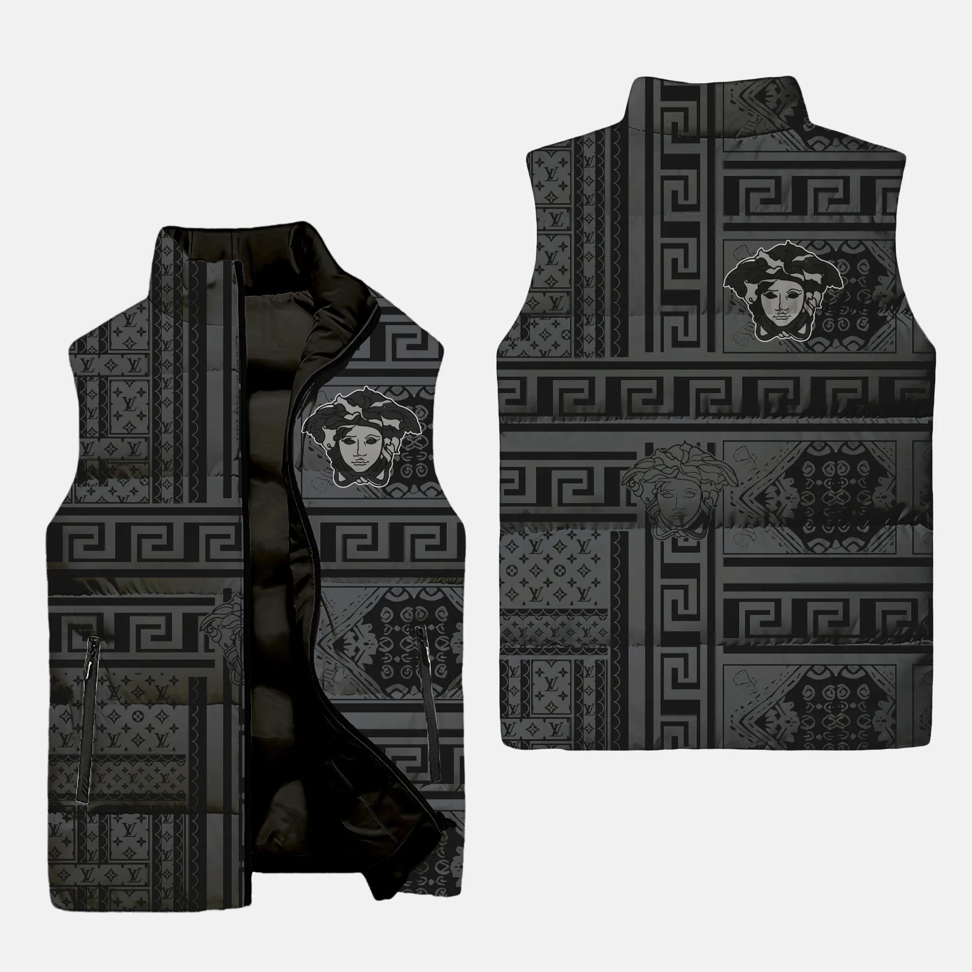 Versace Black Grey Patten Luxury Brand 3D Sleeveless Puffer Jacket For Men Women