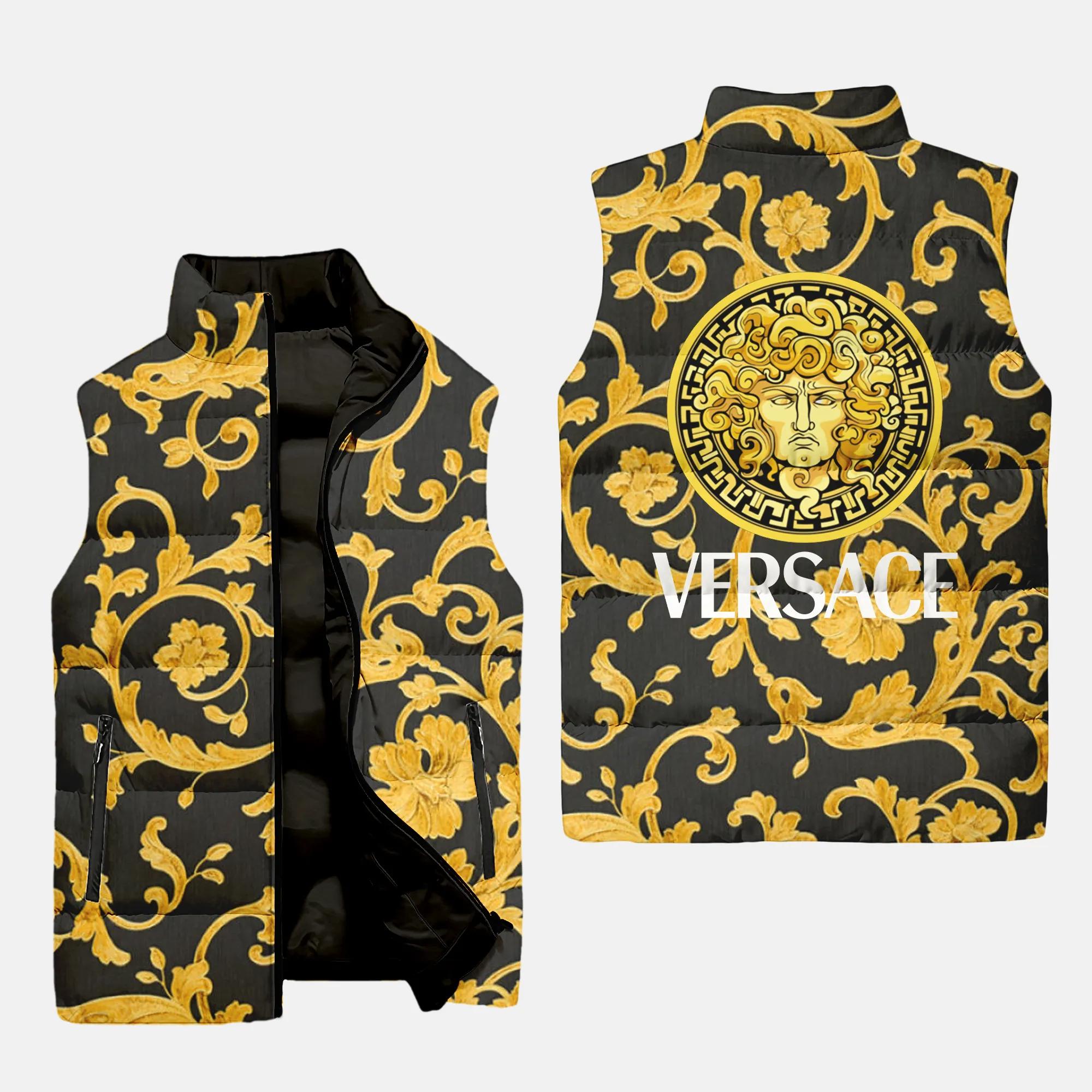 Versace Yellow Black Logo Luxury Brand 3D Sleeveless Puffer Jacket For Men Women