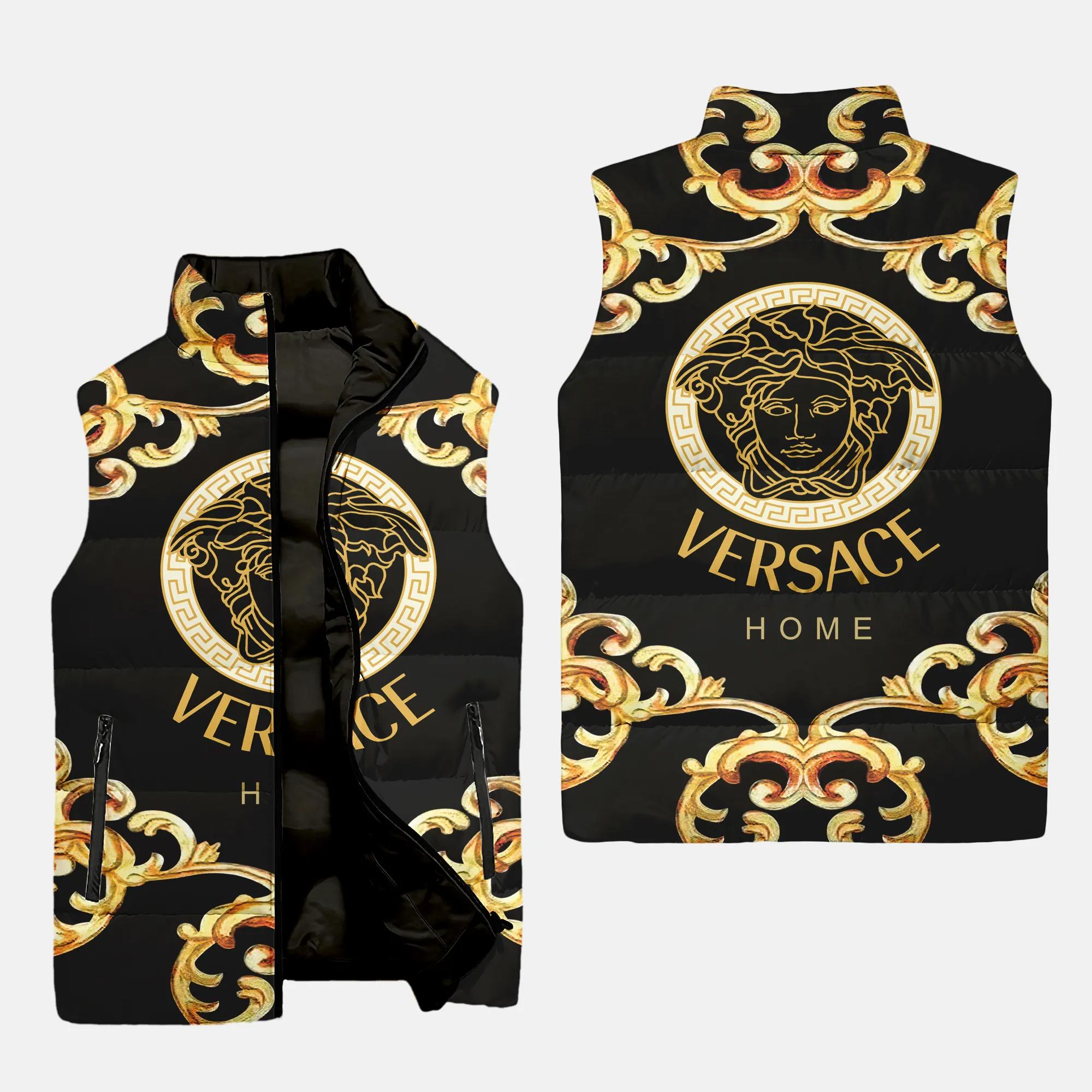 Versace Gold Black Patten Luxury Brand 3D Sleeveless Puffer Jacket For Men Women