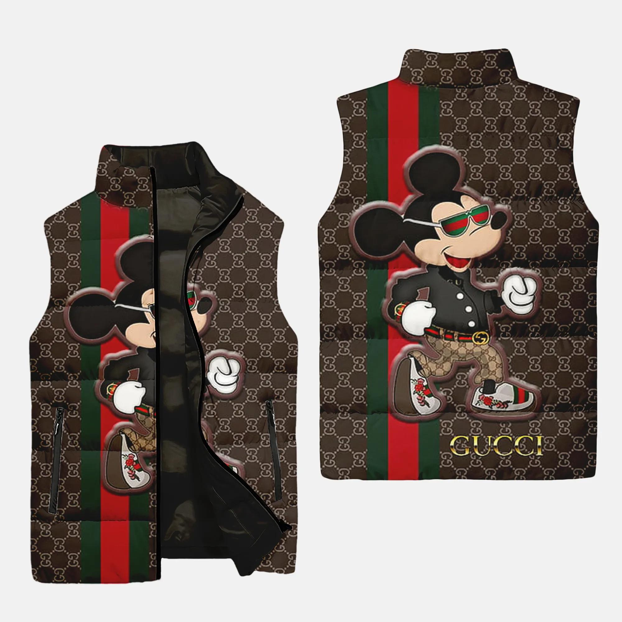Gucci Mickey Mouse Brown Luxury Brand 3D Sleeveless Puffer Jacket For Men Women