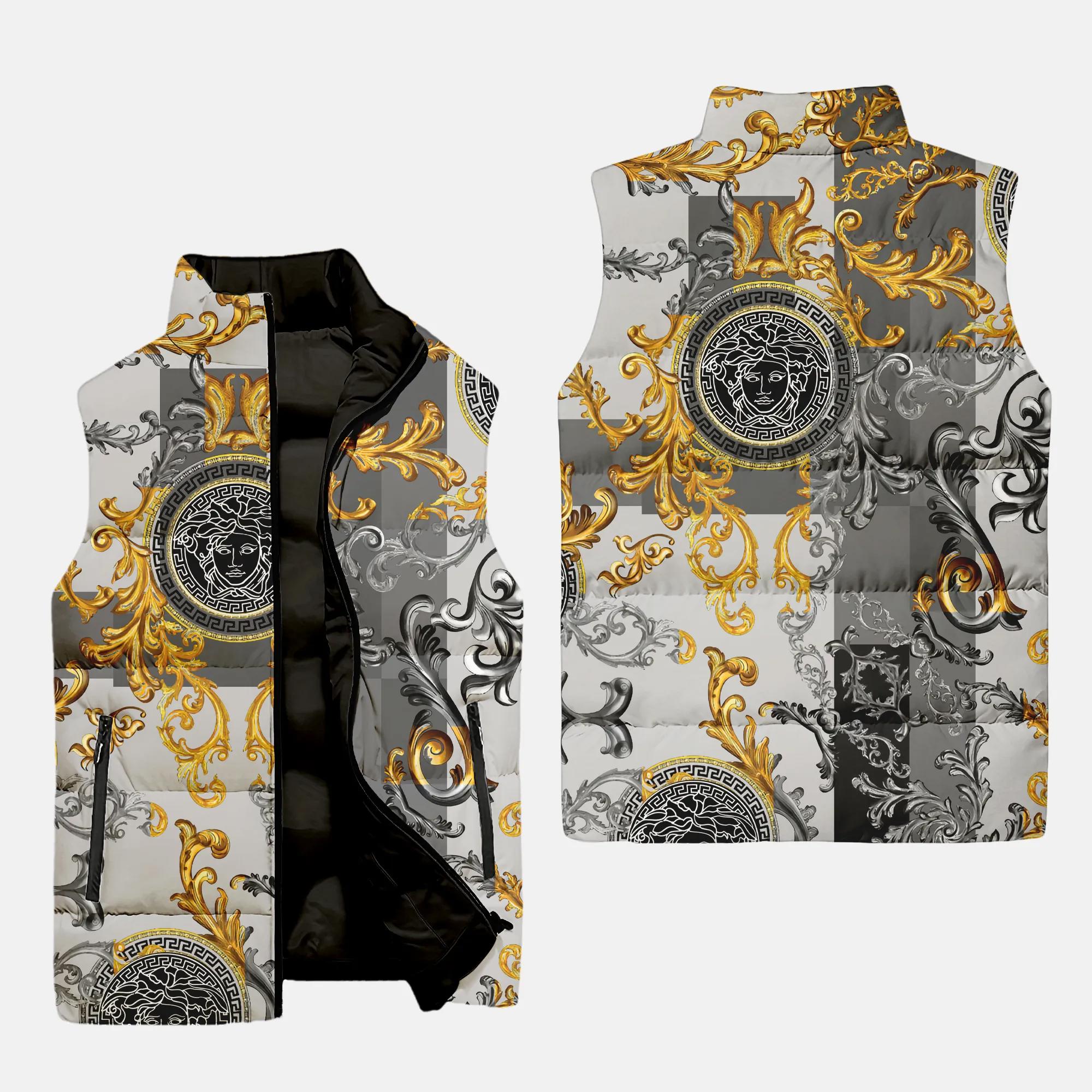 Versace Gold Grey Patten Luxury Brand 3D Sleeveless Puffer Jacket For Men Women