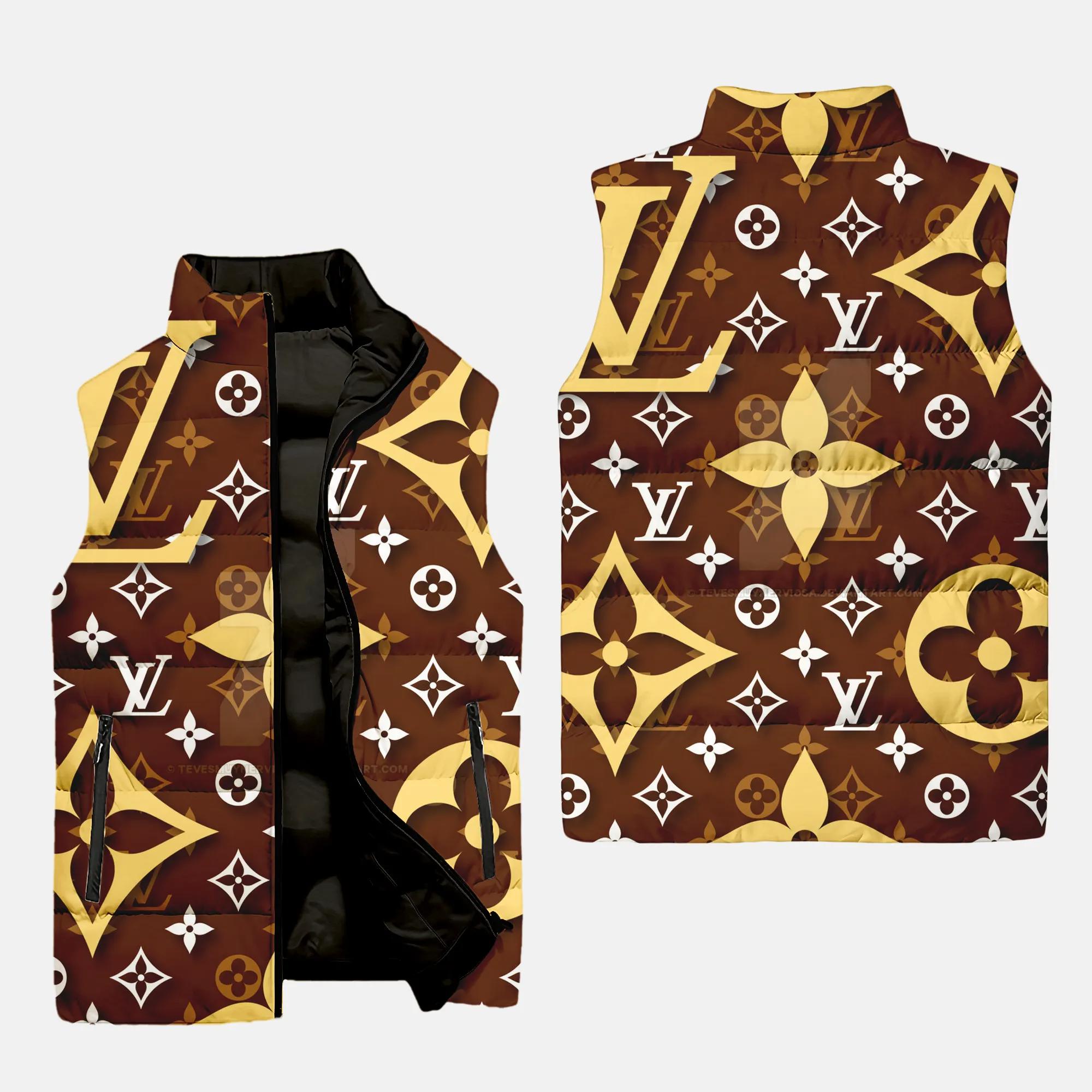 Louis Vuitton Logo Brown Type 2 Luxury Brand 3D Sleeveless Puffer Jacket For Men Women