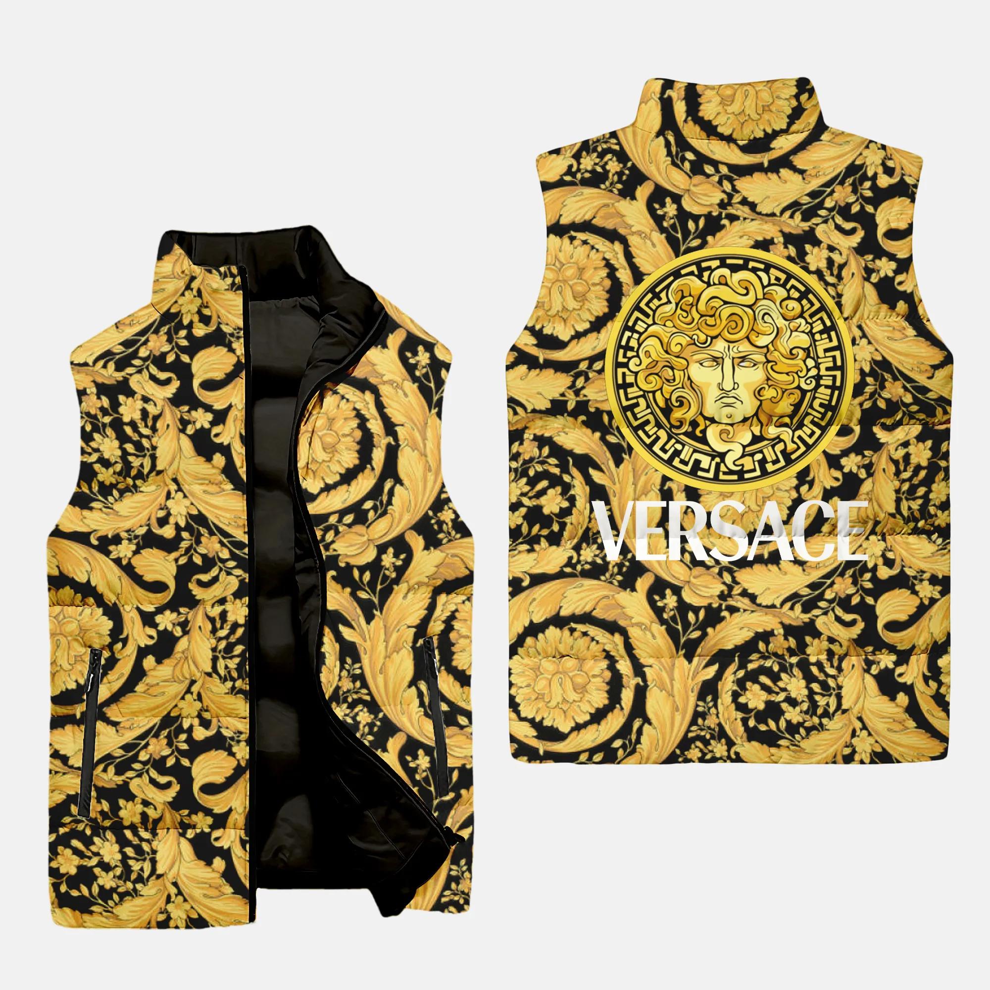 Versace Yellow Black Logo Type 02 Luxury Brand 3D Sleeveless Puffer Jacket For Men Women