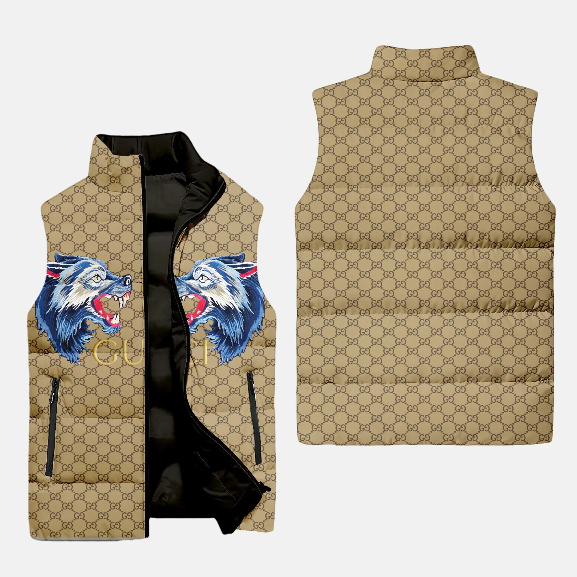Gucci Wolf Yellow Monogram Luxury Brand 3D Sleeveless Puffer Jacket For Men Women
