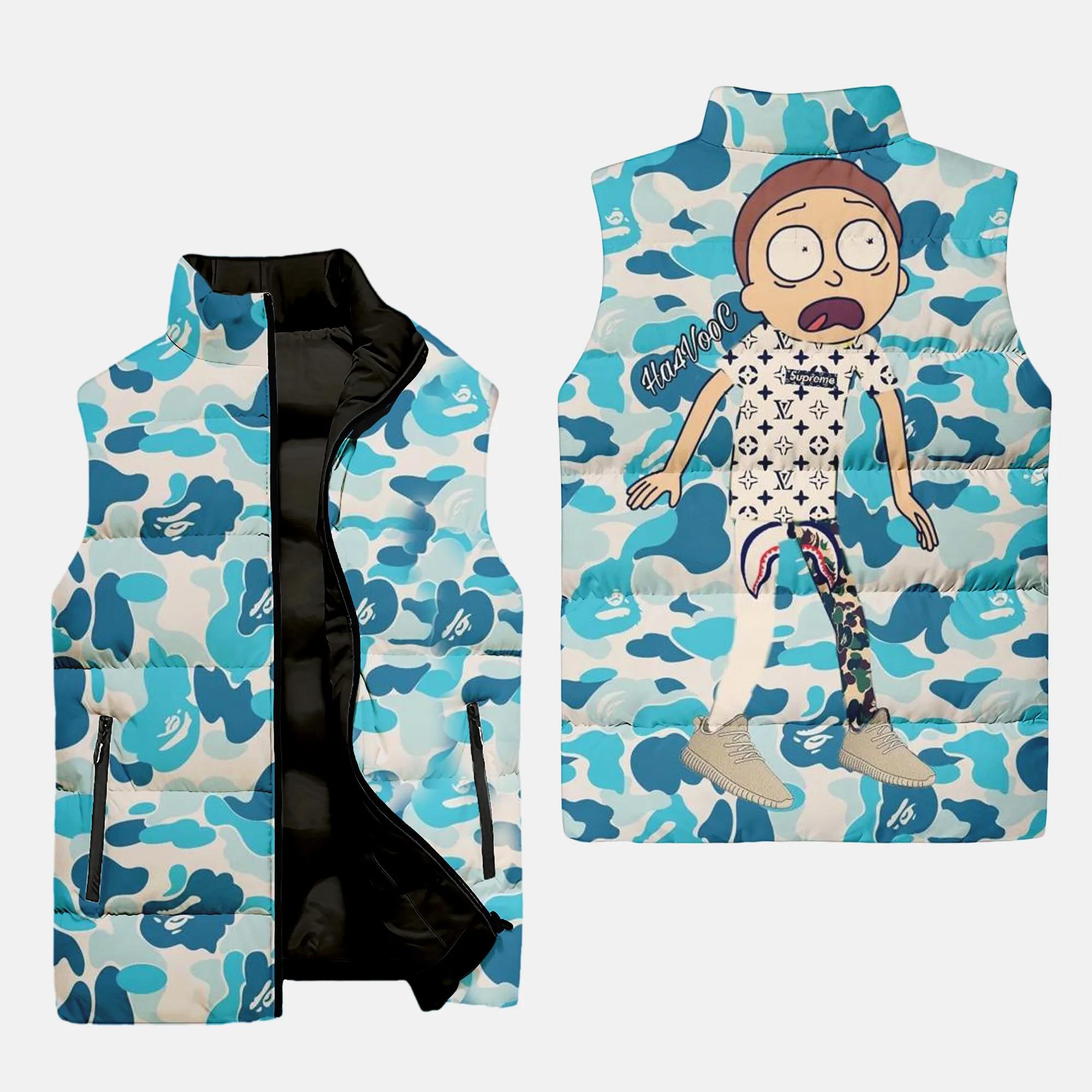 Louis Vuitton Rick And Morty Bape Luxury Brand 3D Sleeveless Puffer Jacket For Men Women