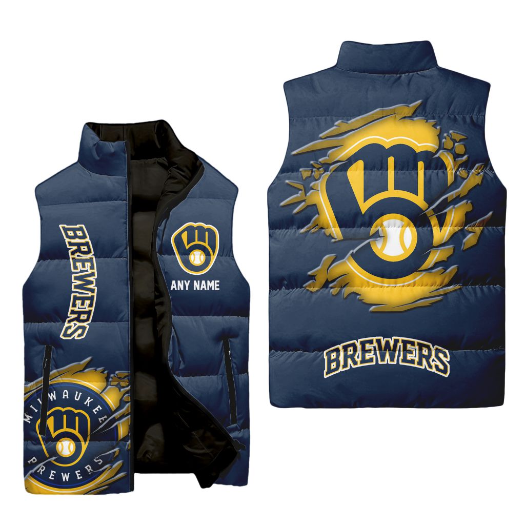 Mlb Milwaukee Brewers Personalized Name Sleeveless Puffer Jacket