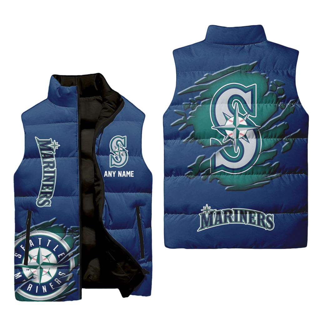 Mlb Seattle Mariners Personalized Name Sleeveless Puffer Jacket