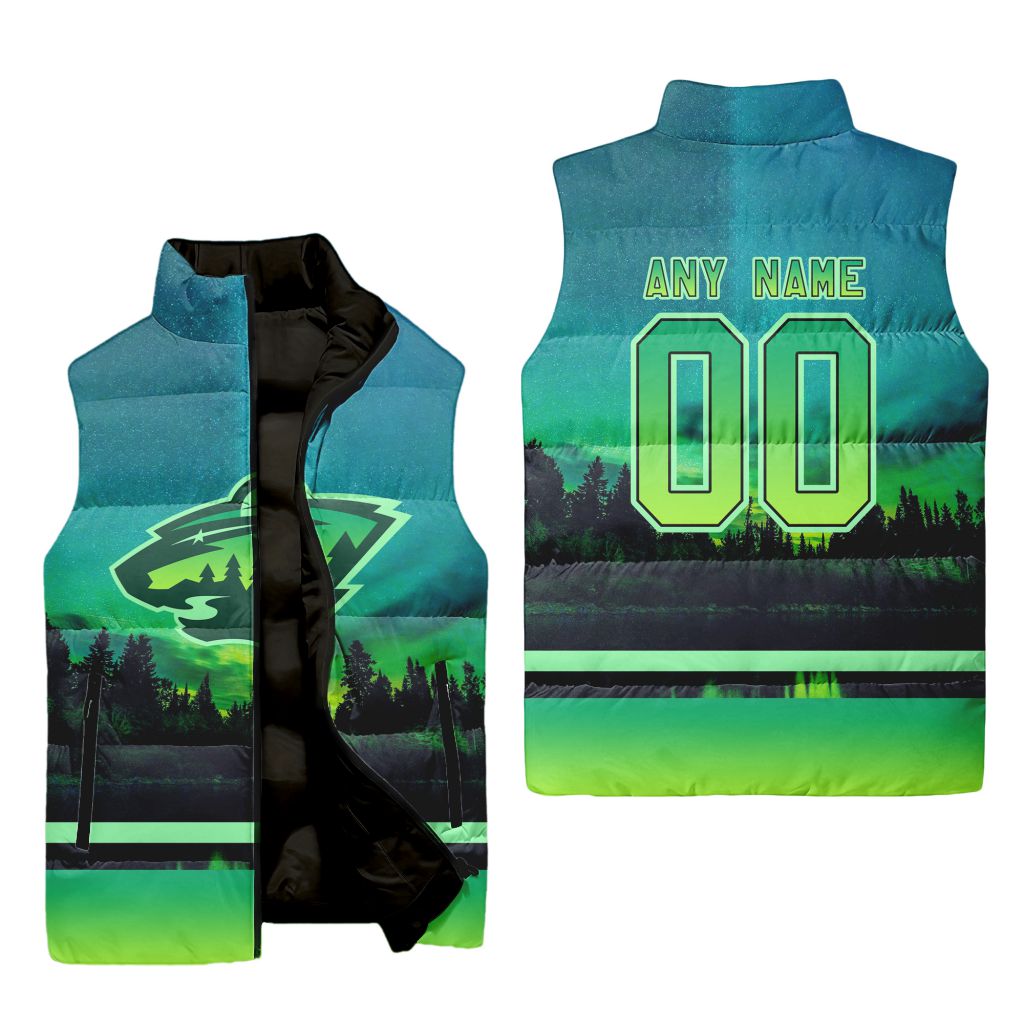 Nhl Minnesota Wild Sleeveless Puffer Jacket Custom Name Special Design With Northern Lights