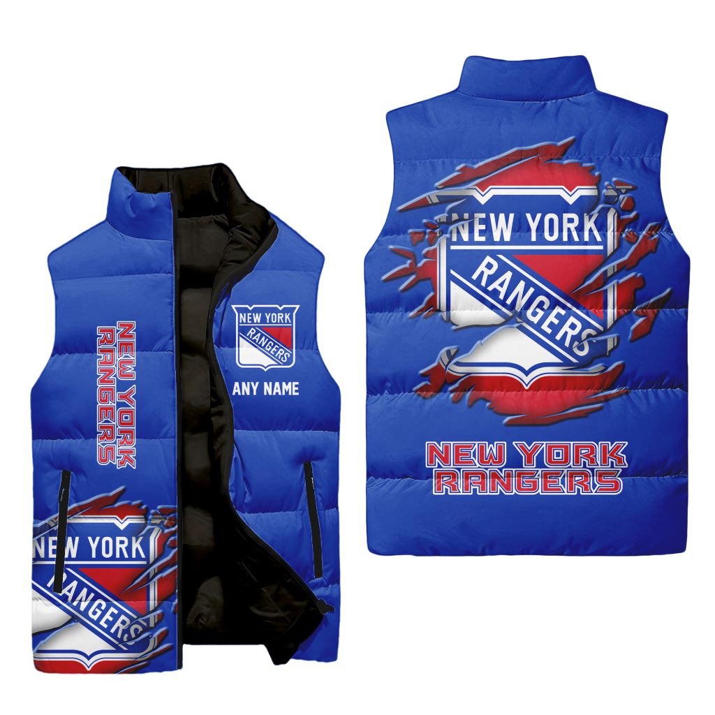 Nhl New York Rangers Personalized Name Sleeveless Puffer Jacket For Men Women