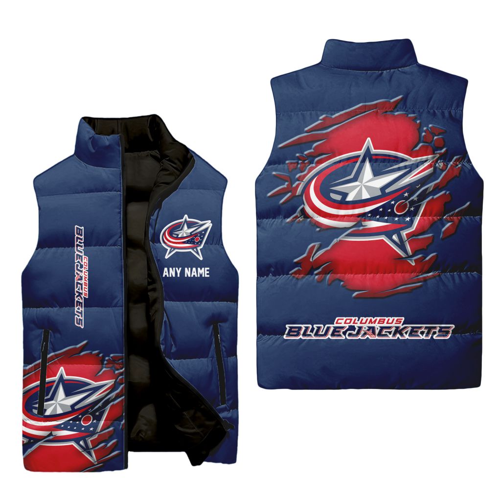 Nhl Columbus Blue Jacket For Men Womens Personalized Name Sleeveless Puffer Jacket For Men Women