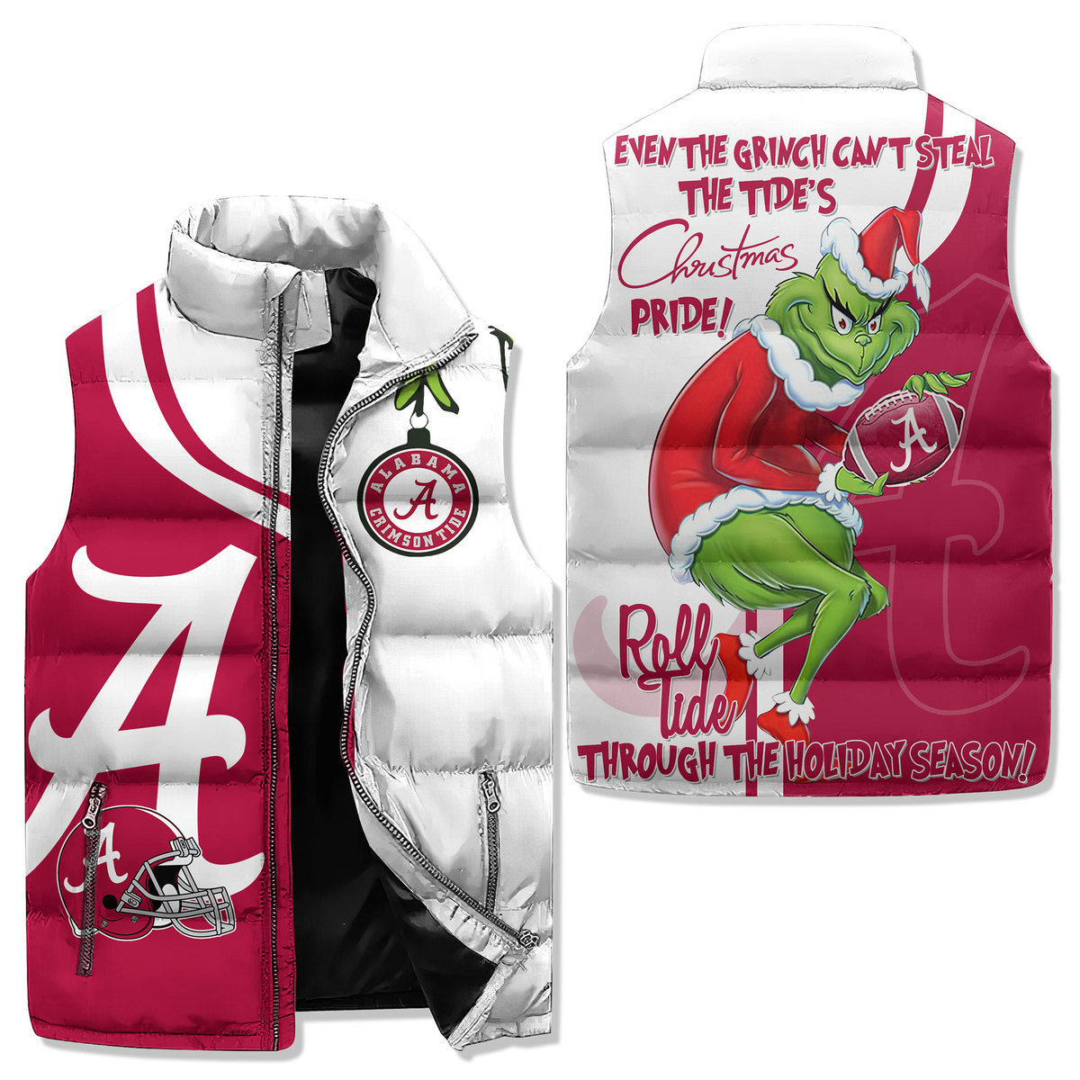 Alabama Crimson Tide x Grinch Premium Sleeveless Puffer Jacket New Collection