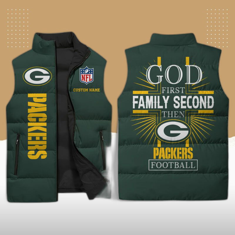 Green Bay Packers Nfl Sleeveless Puffer Jacket Custom Name For Men Women