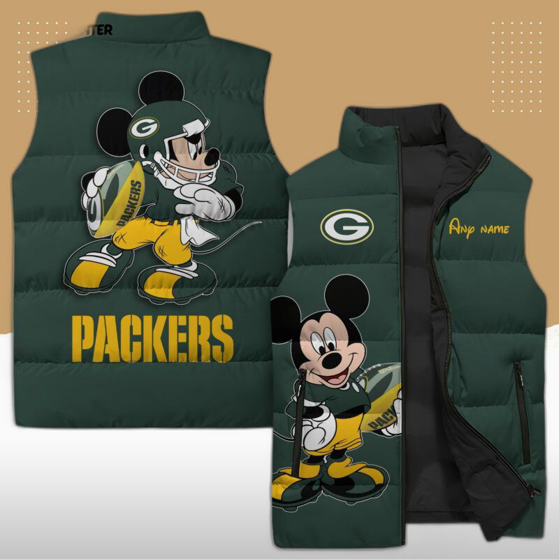 Green Bay Packers x Mickey Mouse Nfl Sleeveless Puffer Jacket Custom For Fans Gifts