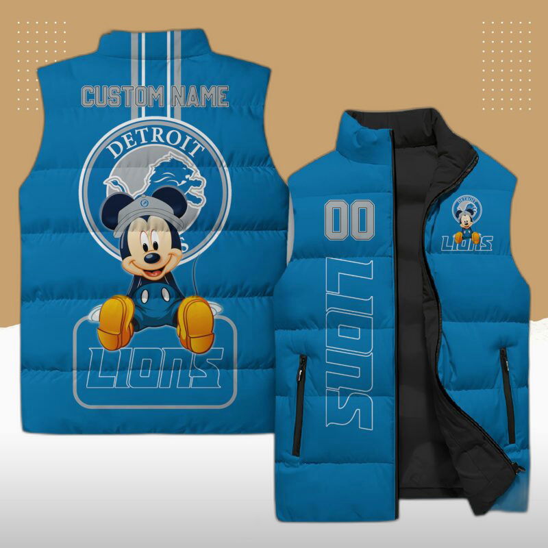Detroit Lions Nfl x Mickey Mouse Sleeveless Puffer Jacket Custom For Fans Gifts