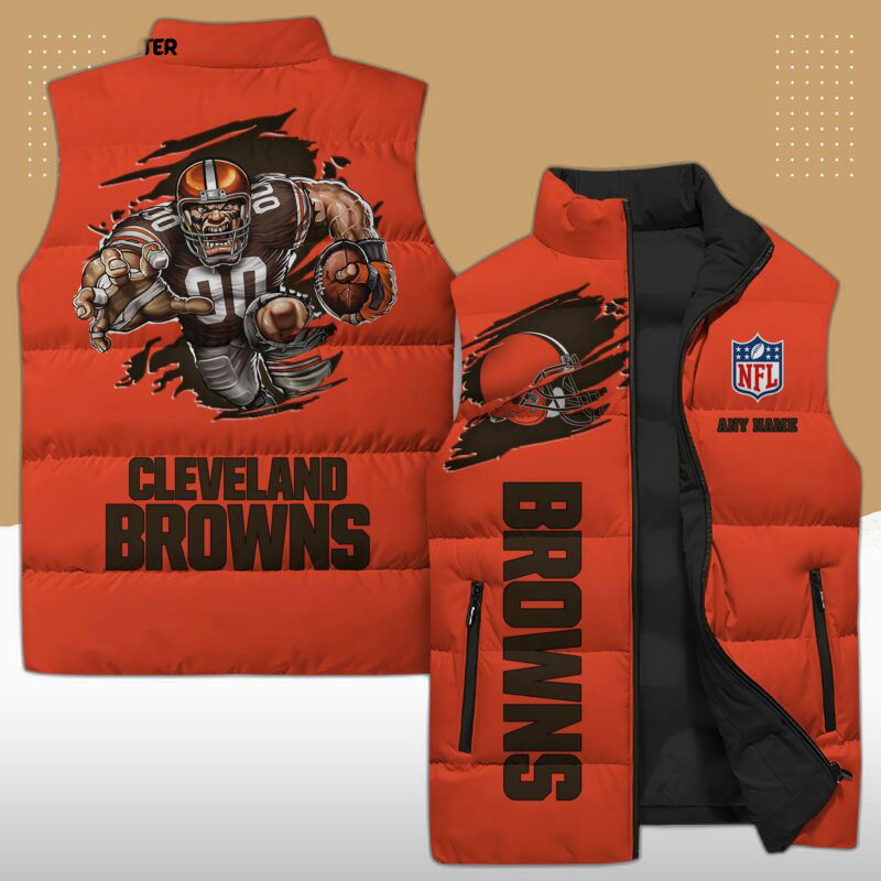 Cleveland Browns Nfl Sleeveless Puffer Jacket Custom Name Special Design For Men Women