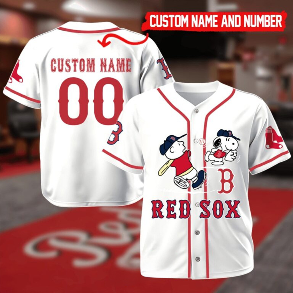 Custom Boston Red Sox Mix Charlie Brown and Snoopy Baseball Jersey For Men And Women