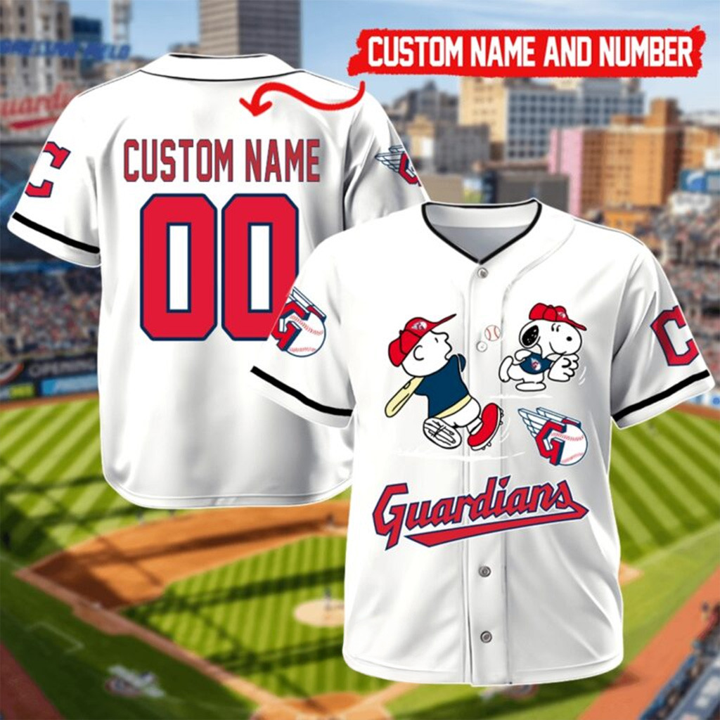 Custom Cleveland Guardians Charlie Brown Snoopy Playing Baseball Jersey For Men