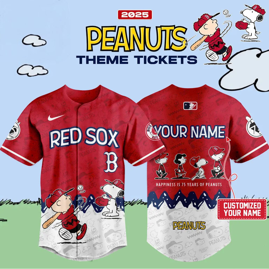 Custom Celebrating 75 Years Of Peanuts Boston Red Sox Baseball Jersey For Men And Women
