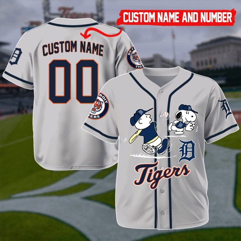 Custom Detroit Tigers Mix Charlie Brown And Snoopy Playing Baseball Jersey