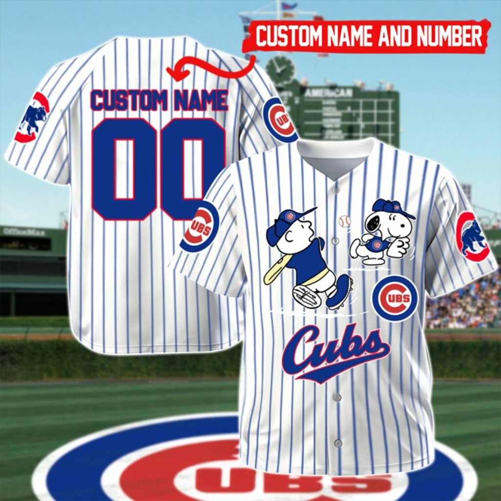 Custom Chicago Cubs Mix Charlie Brown And Snoopy Playing Baseball Jersey For Men And Women