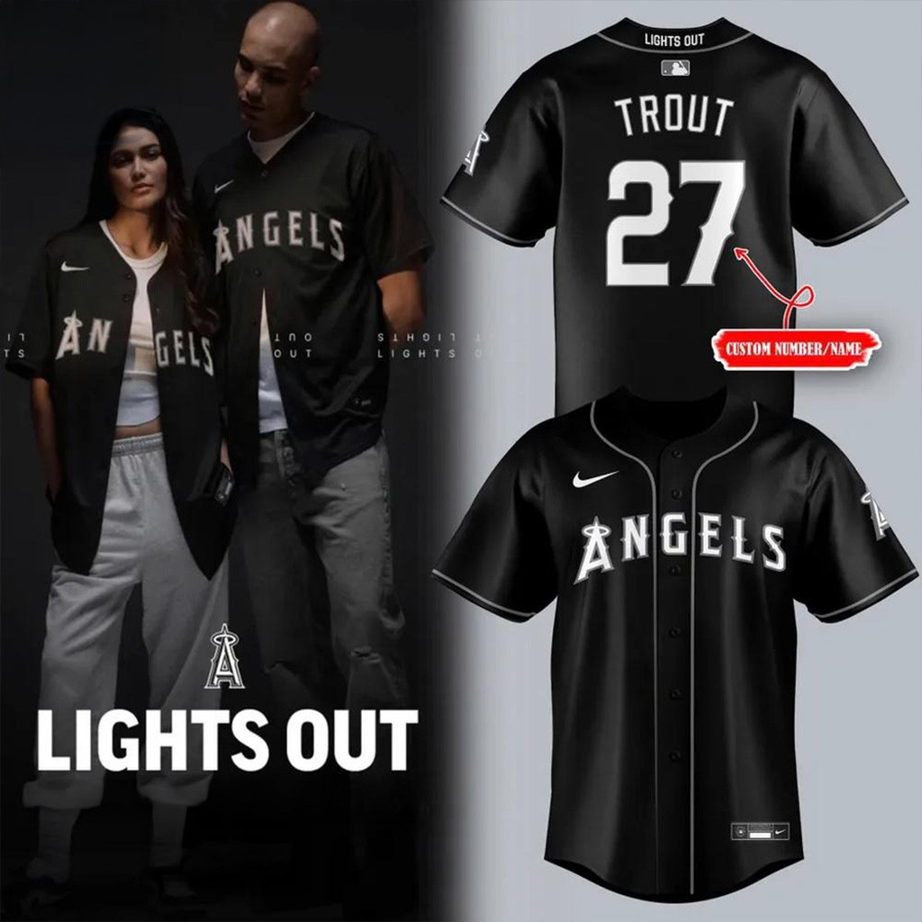 Custom Trout #27 Los Angeles Angels Black Lights Out Baseball Jersey For Fans Gear
